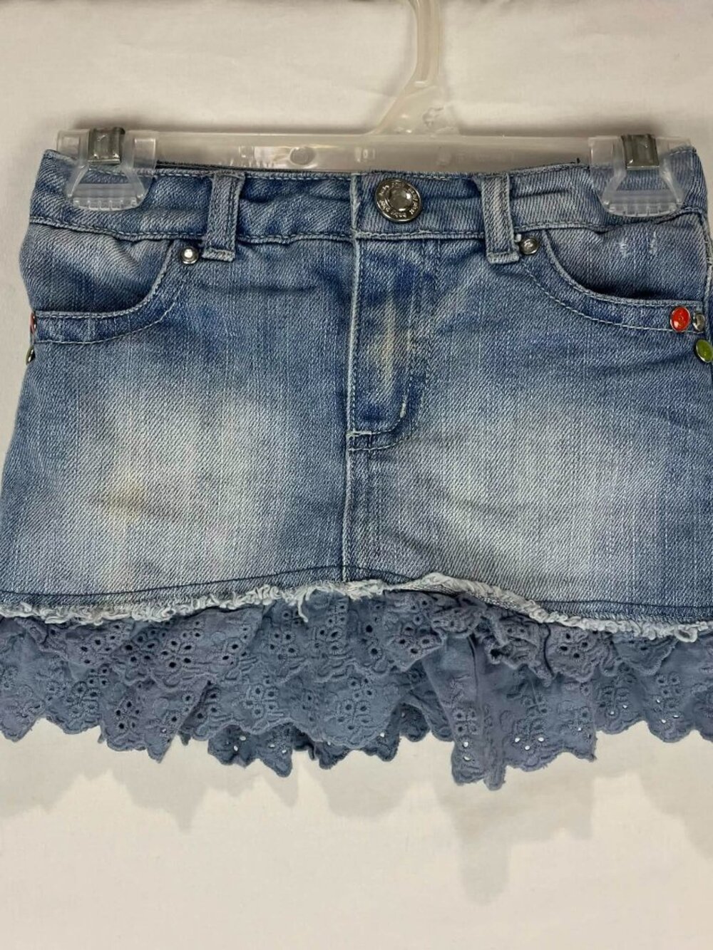 GUC Baby Phat Girls Denim Blue Mini Skirt Eyelet Ruffle Lace Trim Size 3